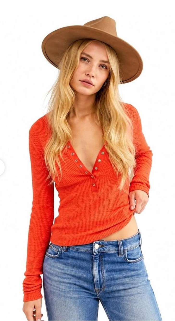 Free People Womens Medium One of the Girls Waffle Knit Shirt Henley Long Sleeve